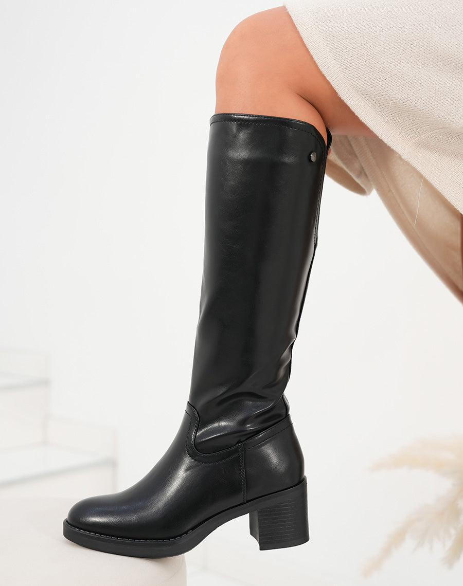 Bottes femme noires basiques avec talon moyen et tige élastiquée