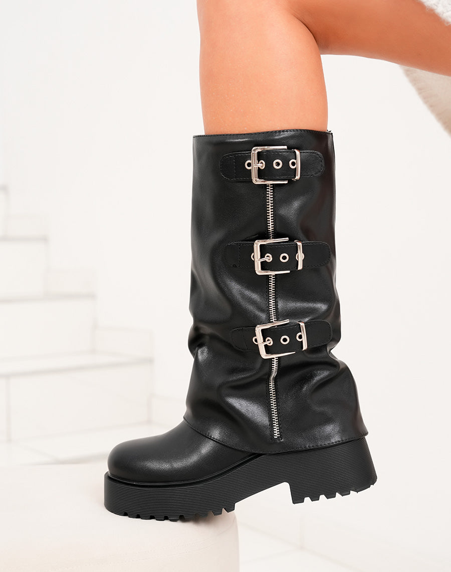 Bottes femme noires à boucles avec semelle crantée et plateforme