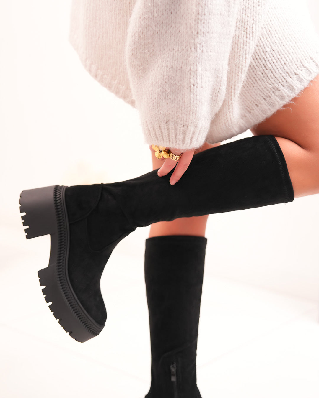 Bottes femme noires en suédine effet chaussette avec plateforme et talon carré