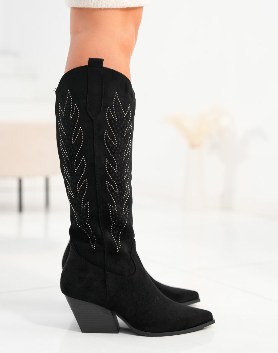 Bottes femme noires en suédine style santiags avec strass et talon épais audace et élégance