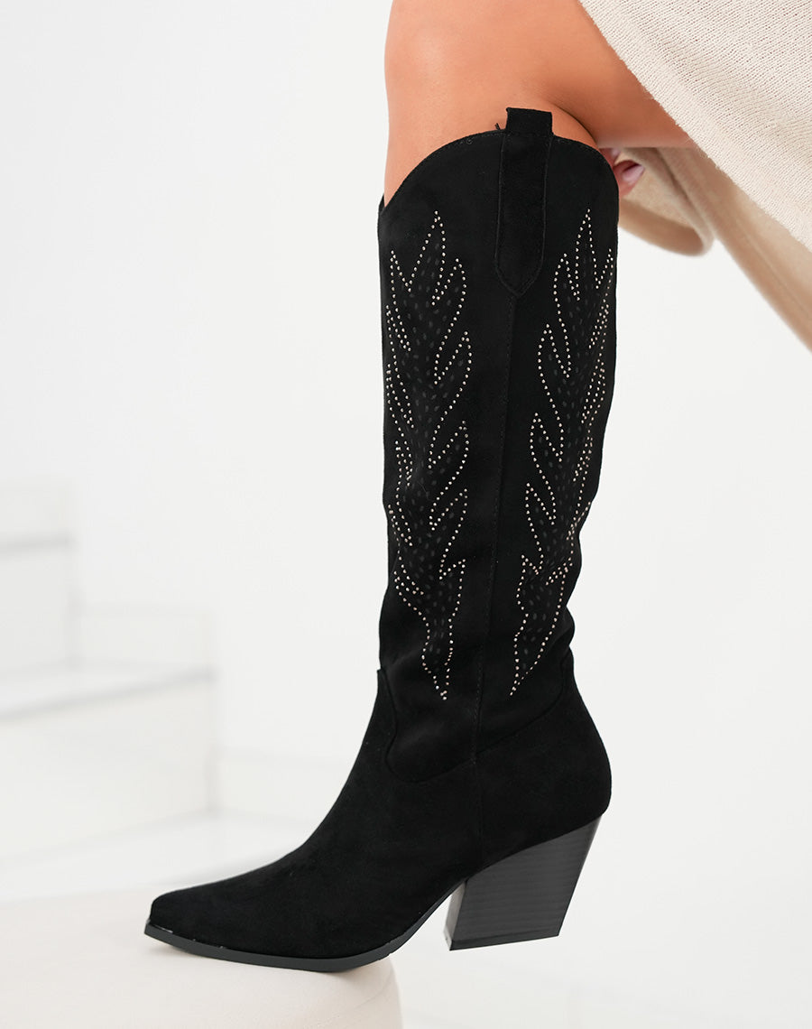 Bottes femme noires en suédine style santiags avec strass et talon épais audace et élégance