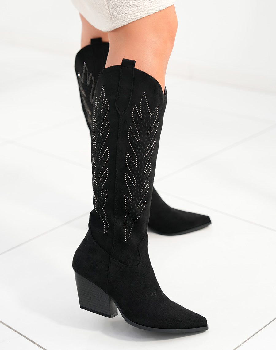 Bottes femme noires en suédine style santiags avec strass et talon épais audace et élégance