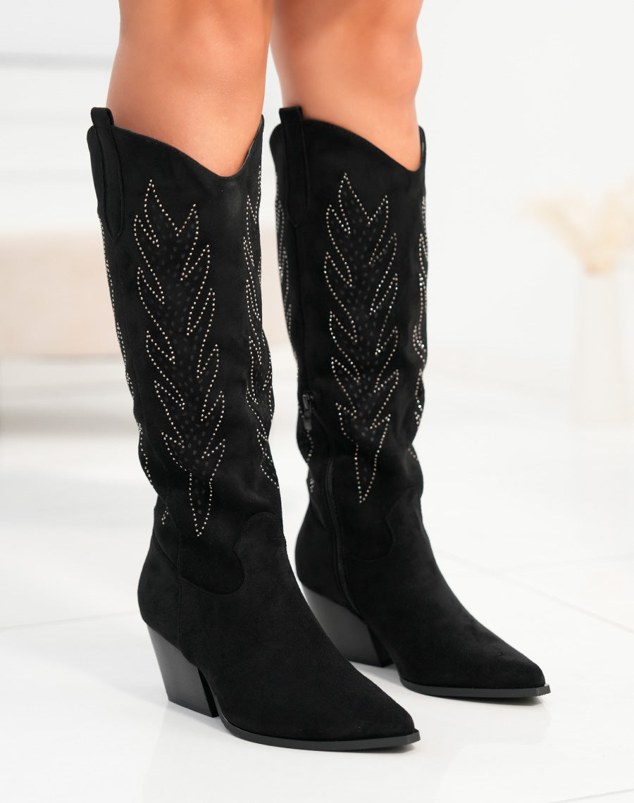 Bottes femme noires en suédine style santiags avec strass et talon épais audace et élégance