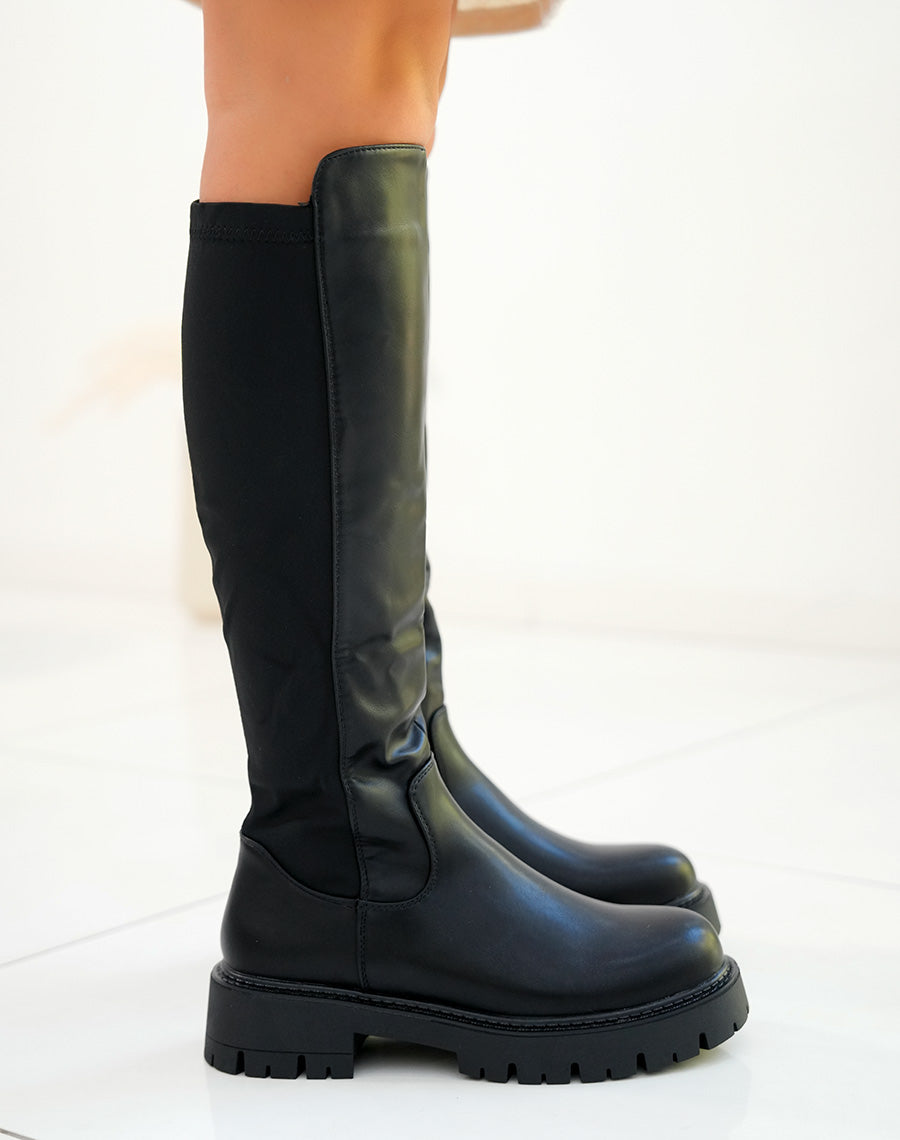 Bottes femme noires hautes avec semelle crantée et bout rond