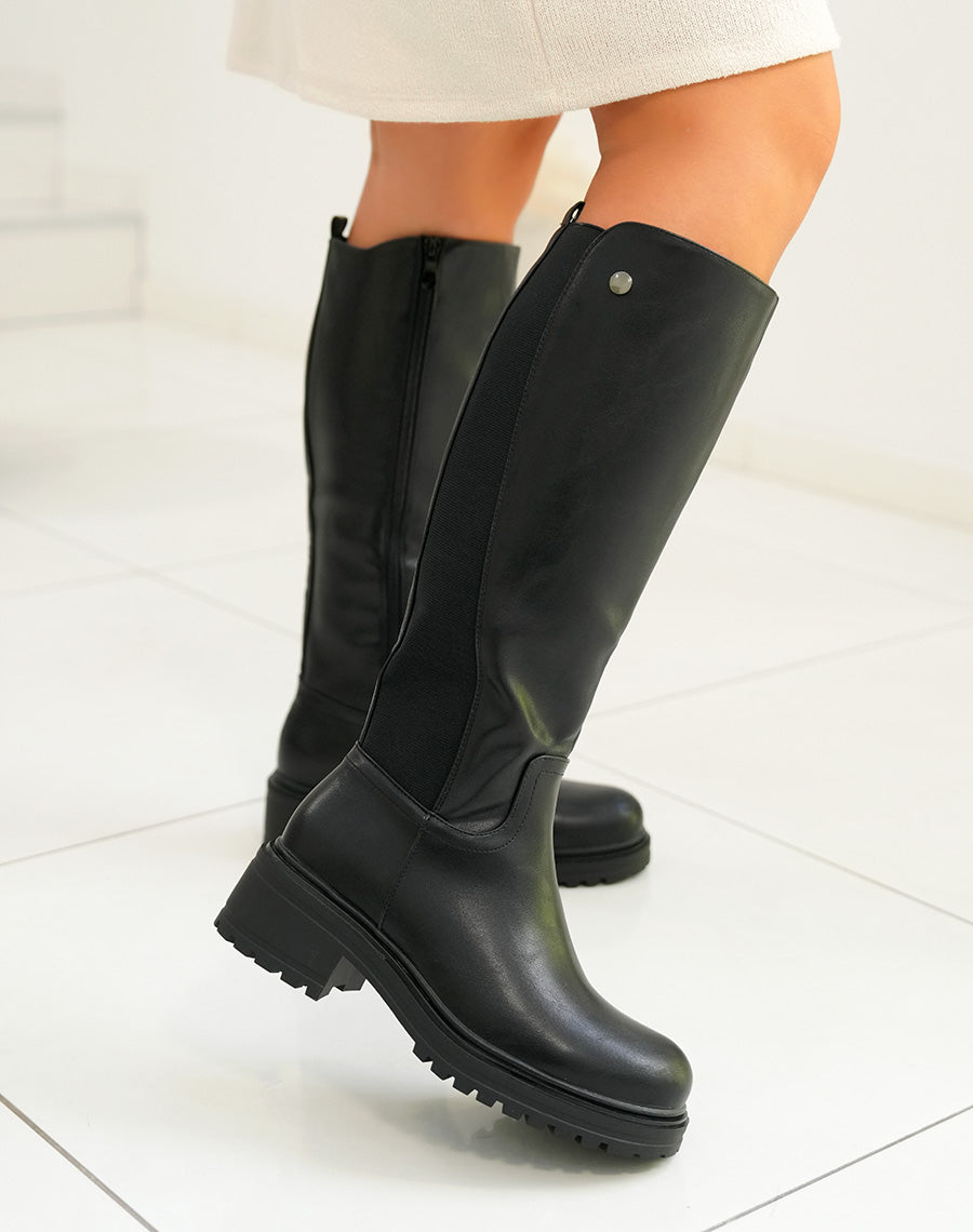 Bottes femme noires hautes à bout rond avec semelle crantée