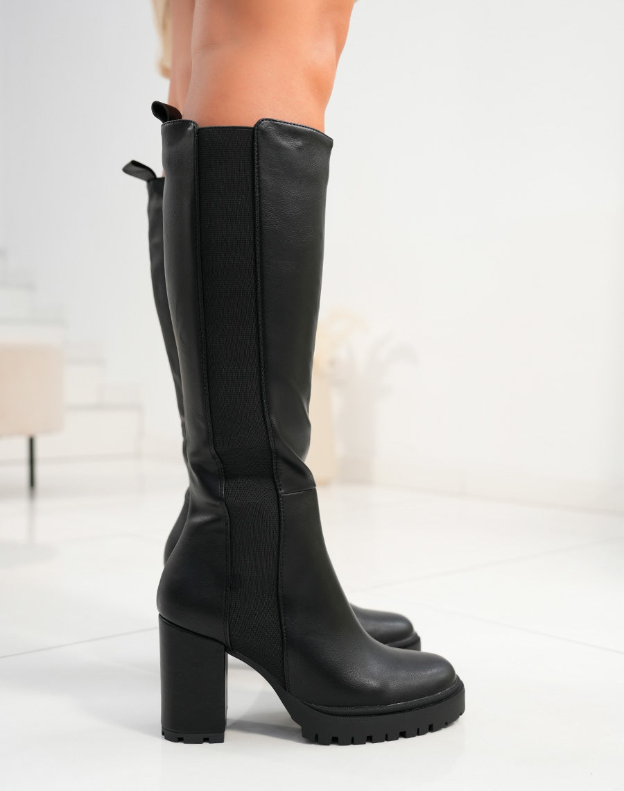 Bottes femme noires à élastique avec talon épais et semelle crantée