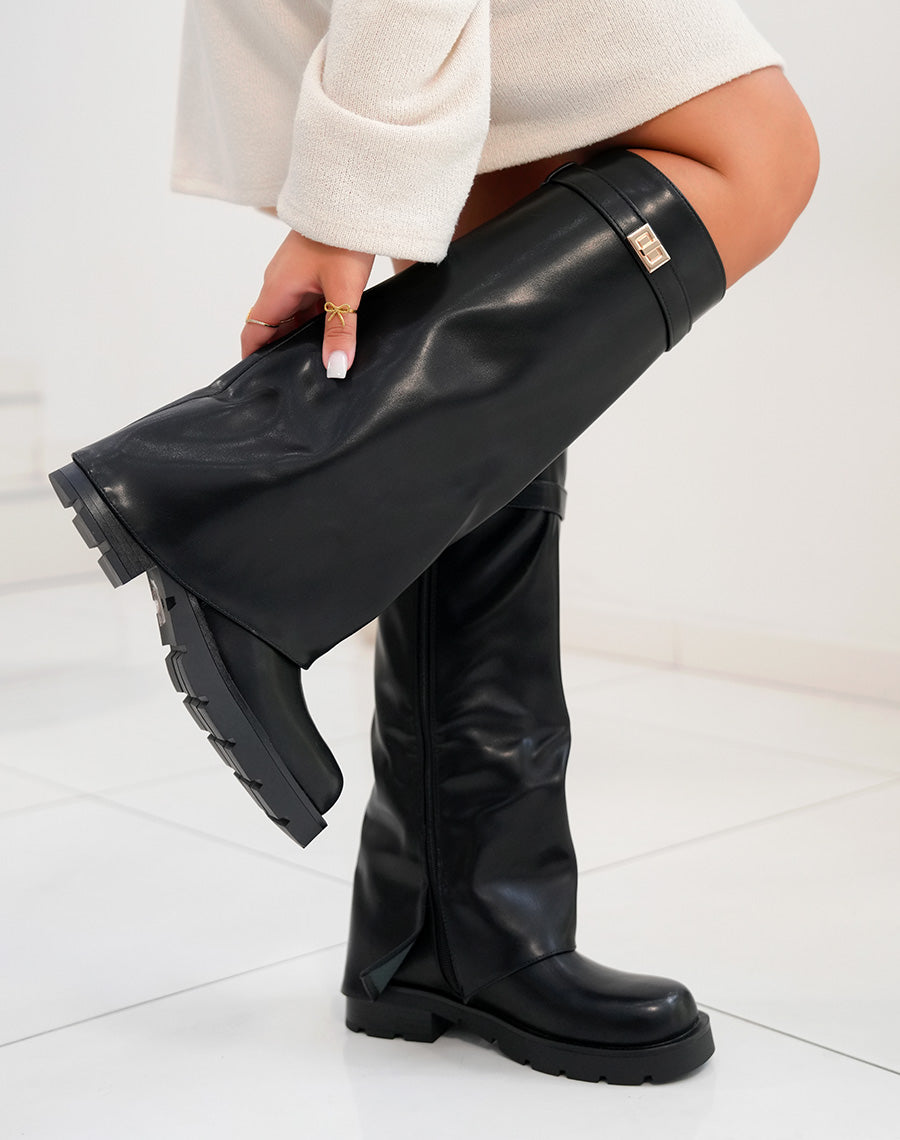 Bottes femme noires à revers avec détail doré et semelle crantée