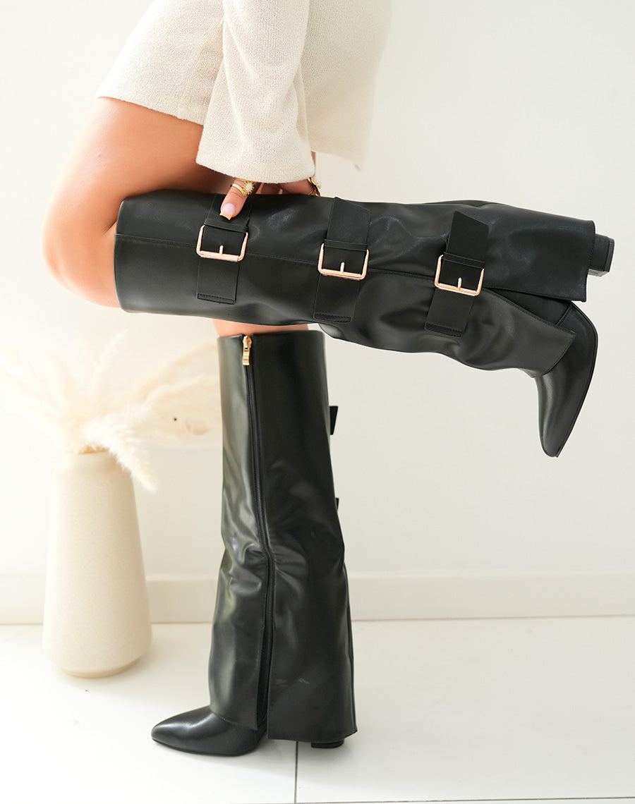 Bottes Femme Noires à Talon Haut et Boucles Dorées