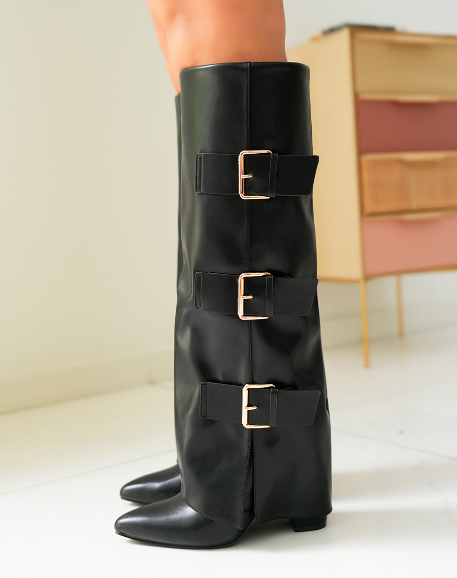 Bottes Femme Noires à Talon Haut et Boucles Dorées