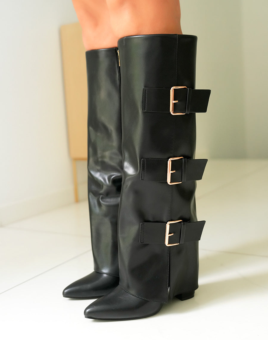 Bottes Femme Noires à Talon Haut et Boucles Dorées
