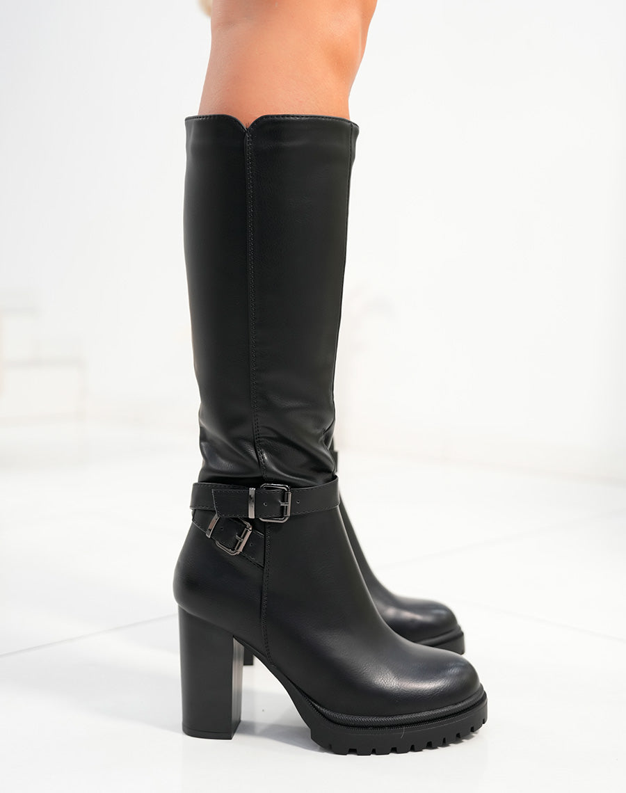 Bottes femme noires à talon haut épais avec double sangles et semelle crantée
