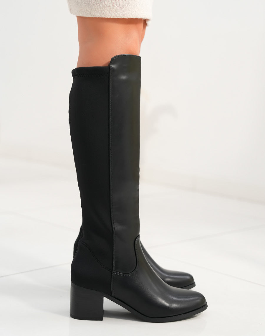 Bottes femme noires à talon moyen avec élastique et bout rond élégantes et confortables