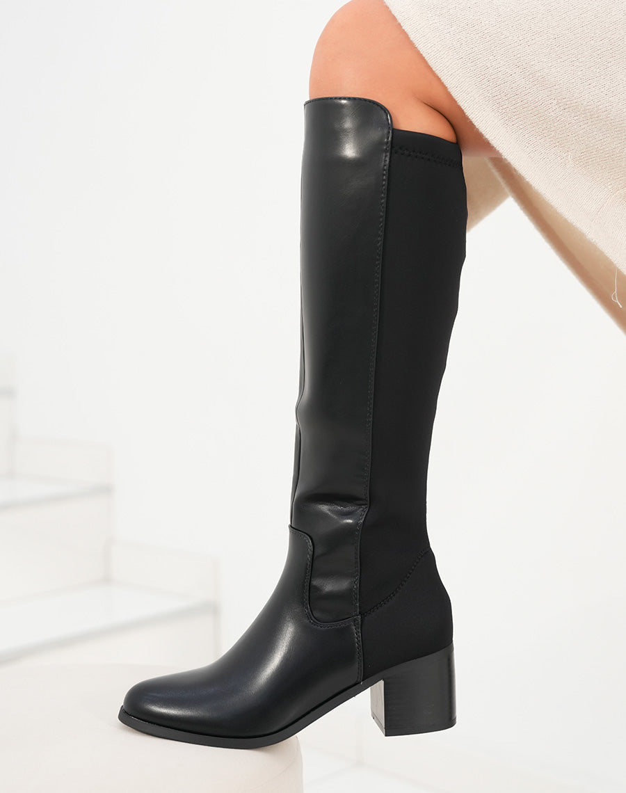 Bottes femme noires à talon moyen avec élastique et bout rond élégantes et confortables