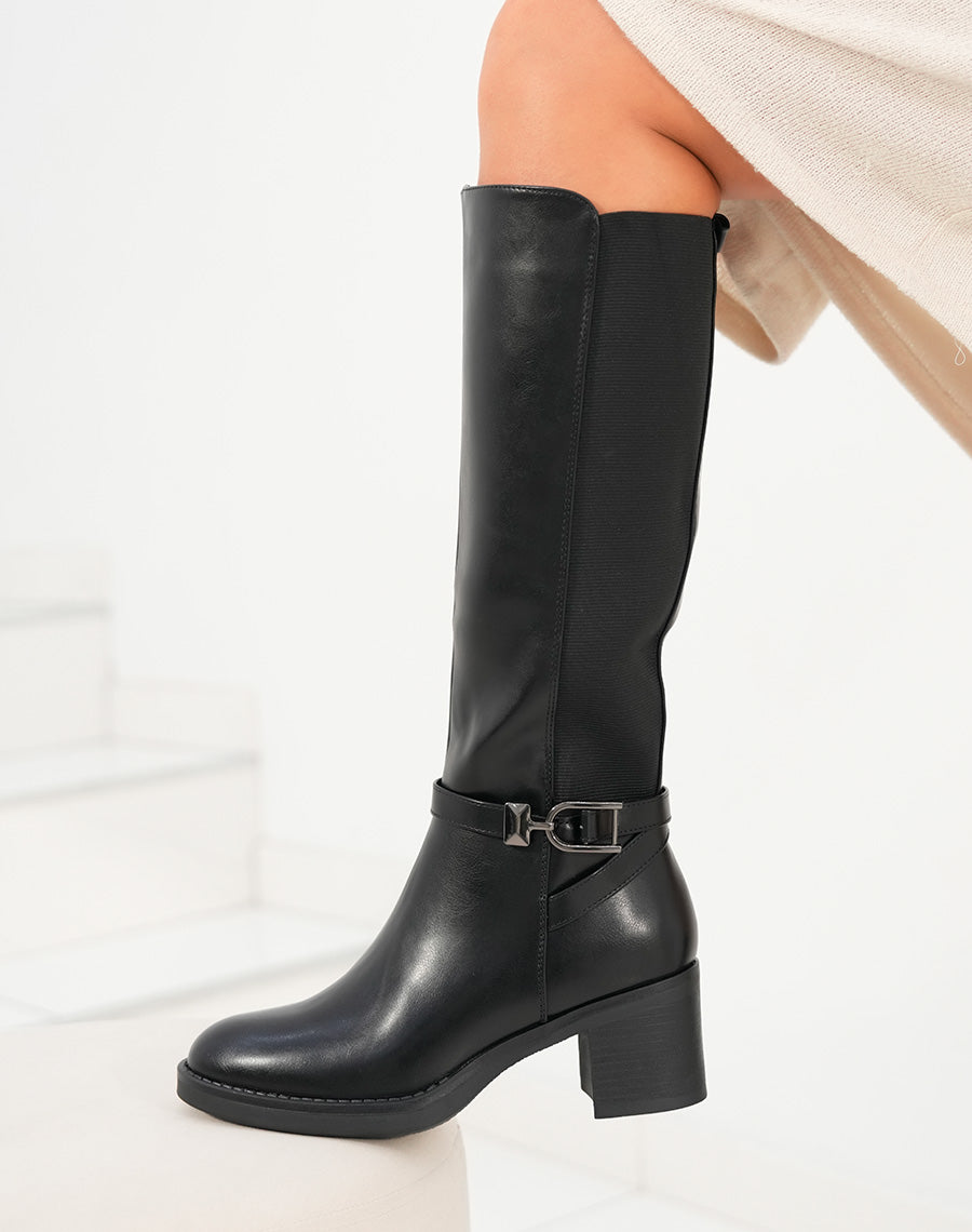 Bottes femme noires à talon moyen avec élastique et sangle décorative élégance et modernité