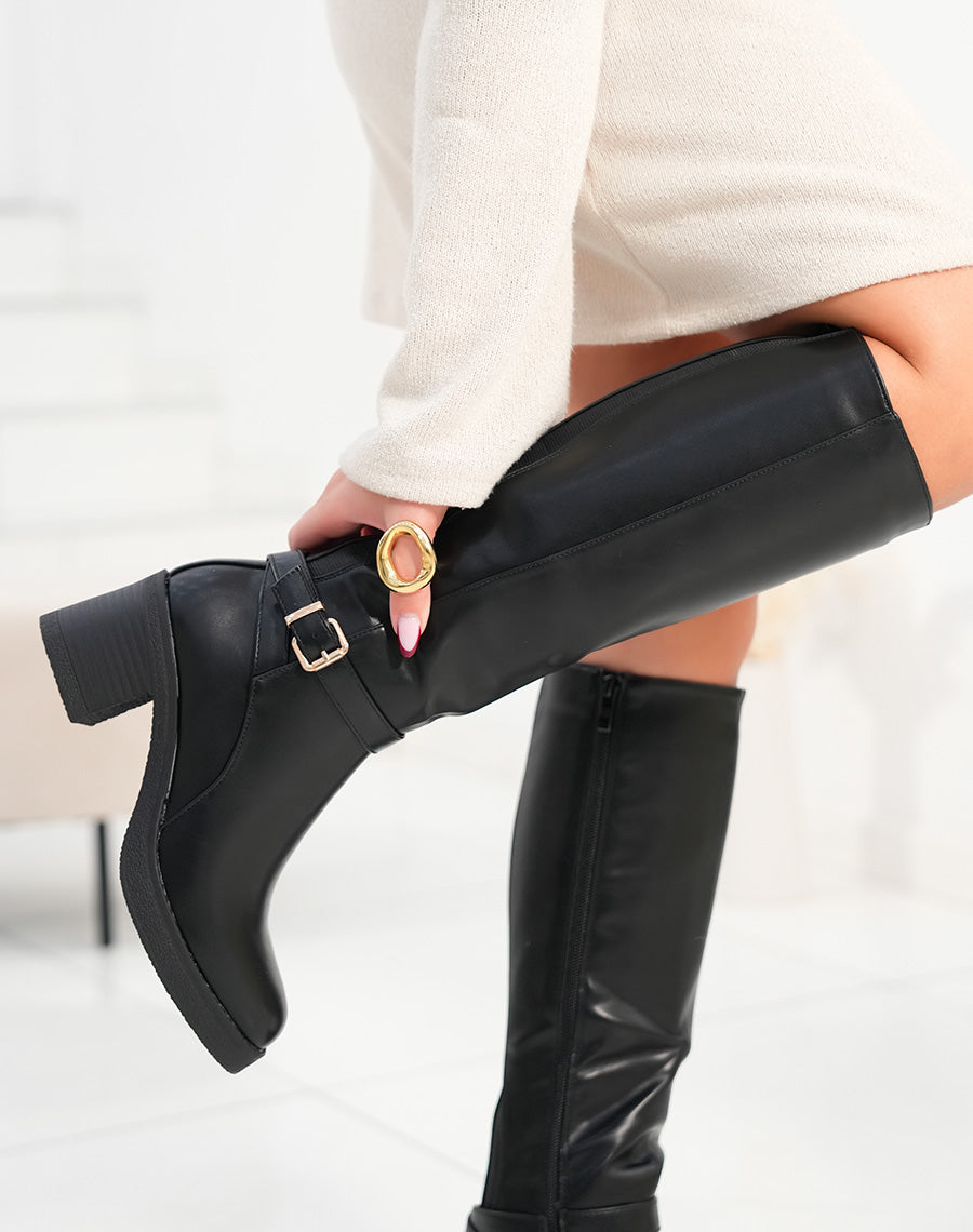 Bottes femme noires à talon épais avec élastique et boucle dorée élégance et modernité
