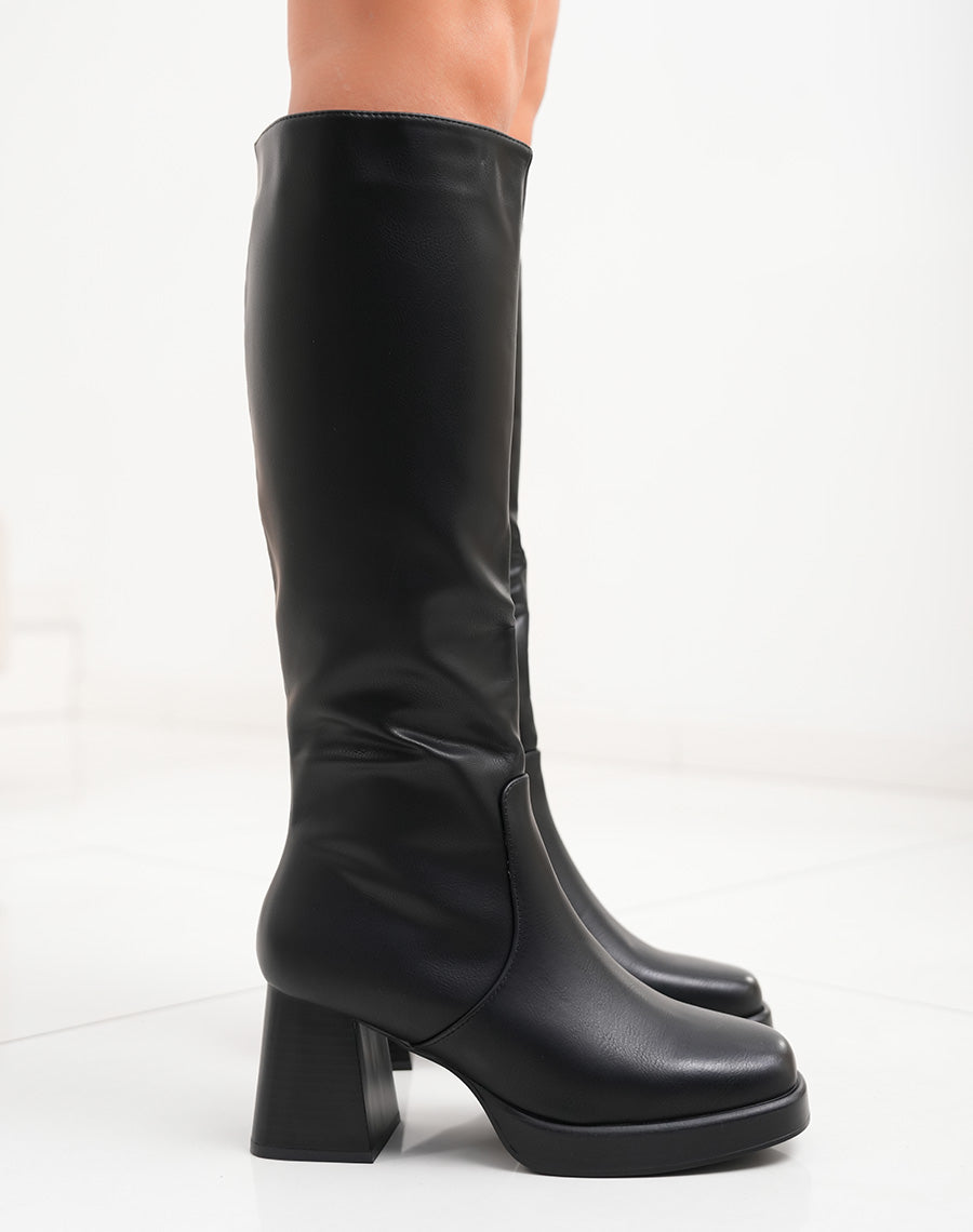 Bottes femme noires à talon épais et bout carré avec plateforme
