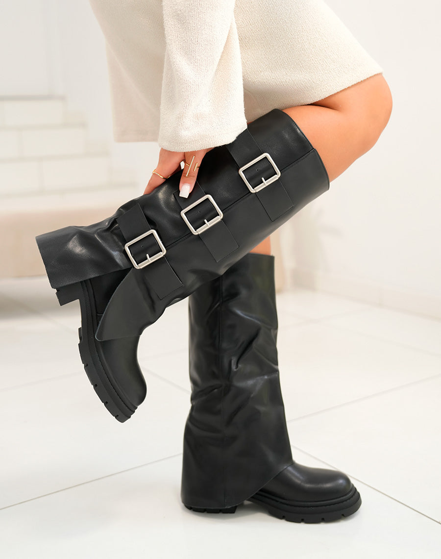 Bottes femme noires à triple boucles avec semelle crantée