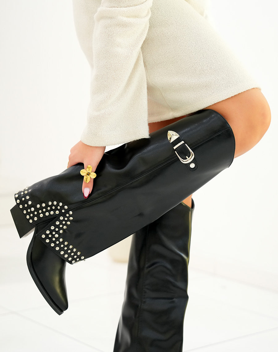 Bottes femme à revers avec clous et boucles argentées