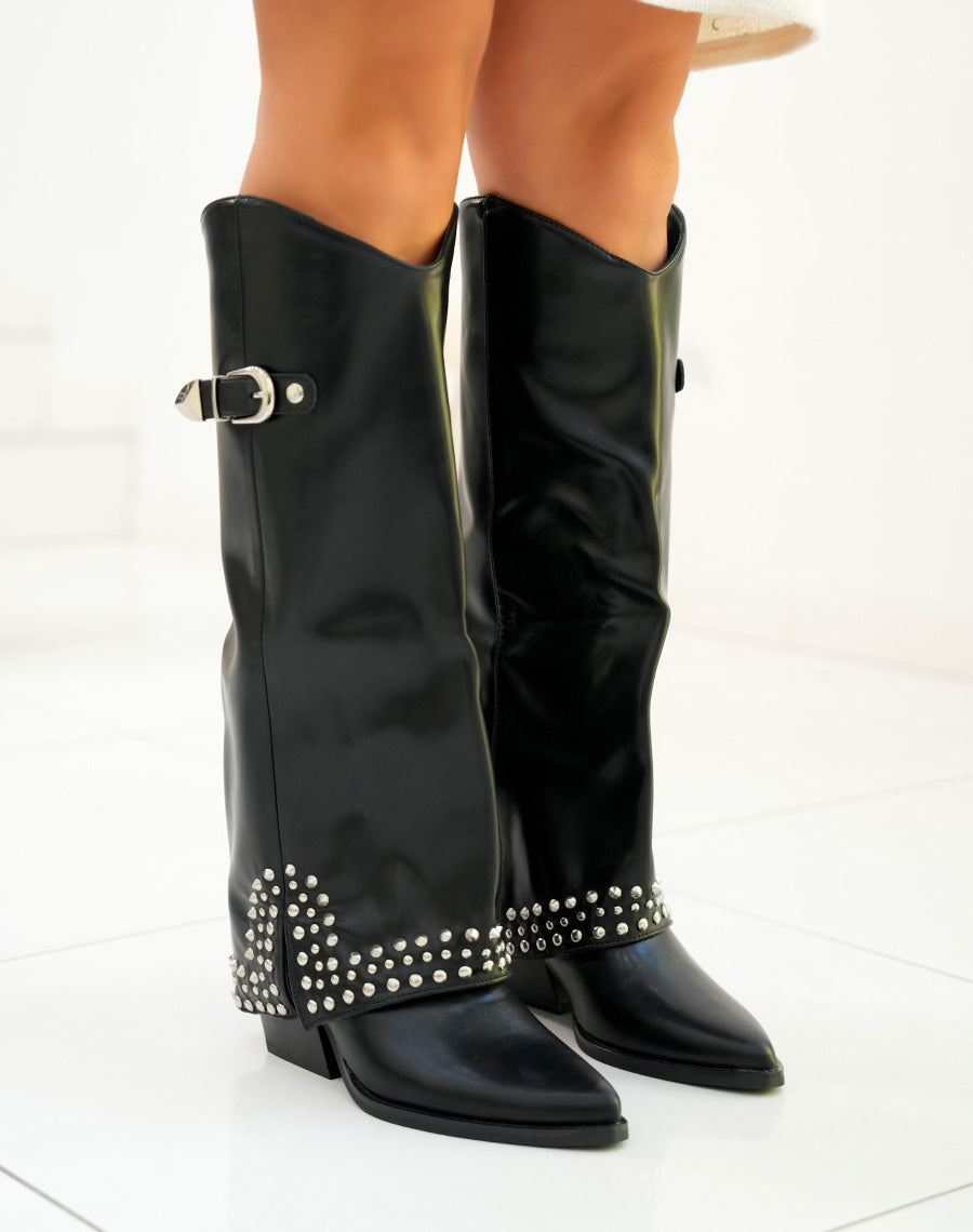 Bottes femme à revers avec clous et boucles argentées
