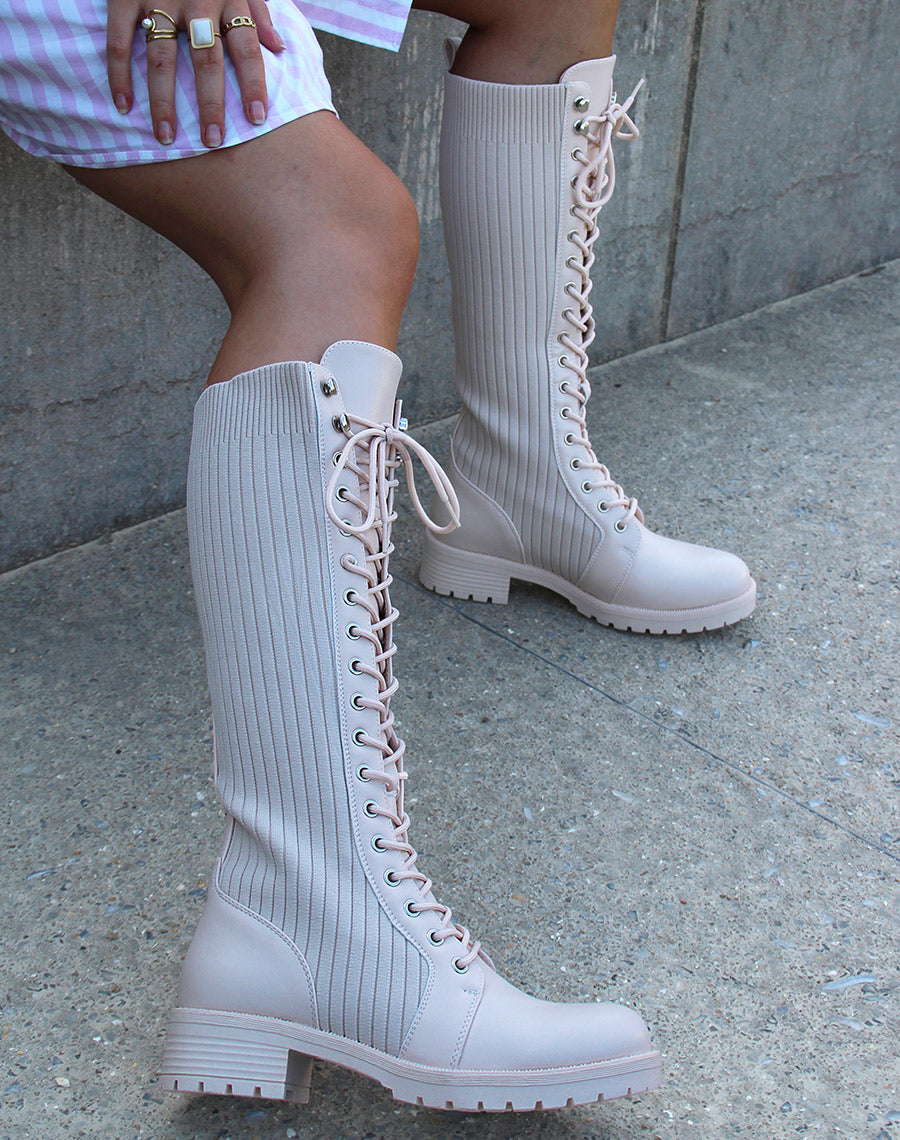 Bottes hautes beiges effet chaussette