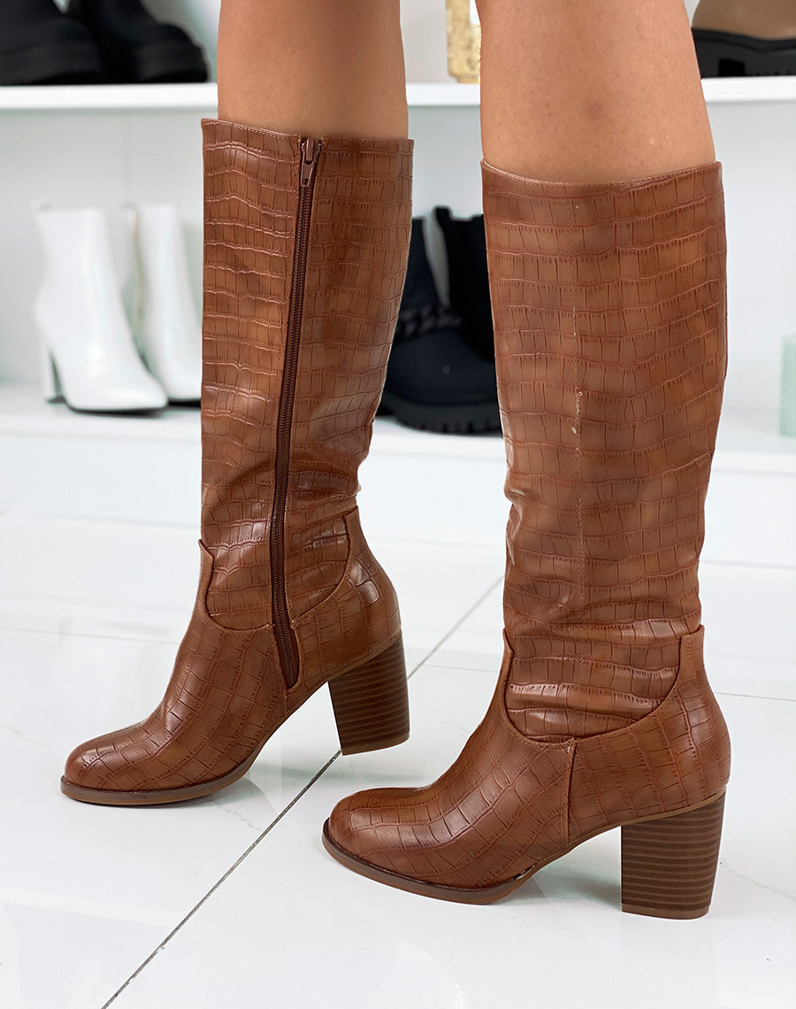 Bottes hautes en effet croco camel à talon