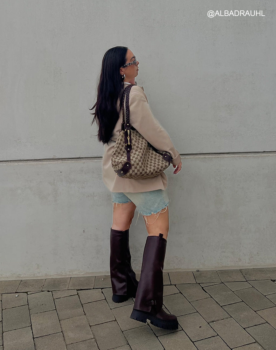 Bottes hautes femme bordeaux à revers avec semelle crantée et boucle