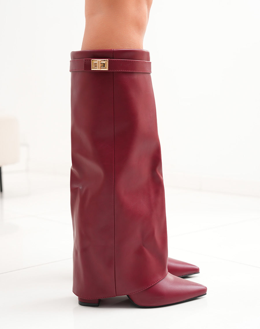 Bottes hautes femme bordeaux à talon carré et détails dorés