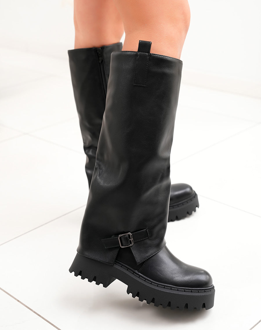 Bottes hautes femme noires à revers avec semelle crantée et boucle