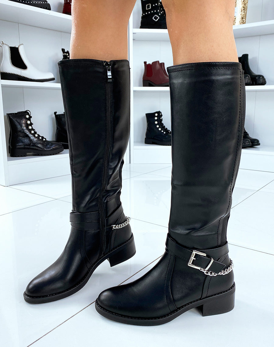 Bottes hautes noires à talon et détail chaîne