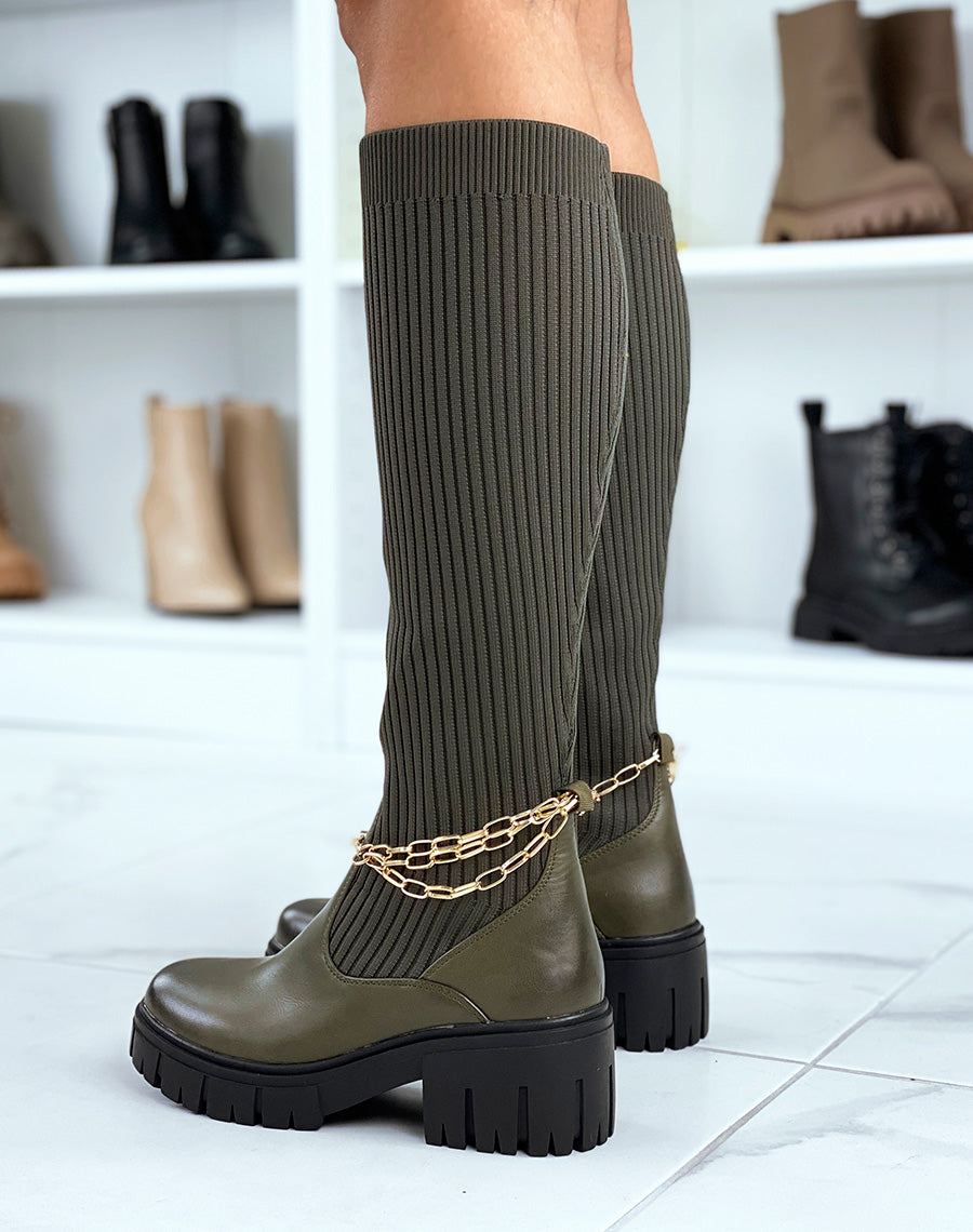 Bottes kakis montantes effet chaussette à fines chaines dorées