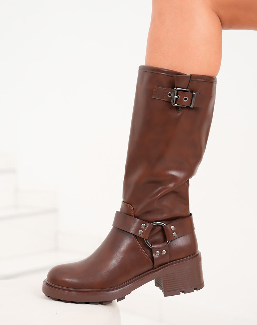 Bottes marron à boucles anthracite et petit talon