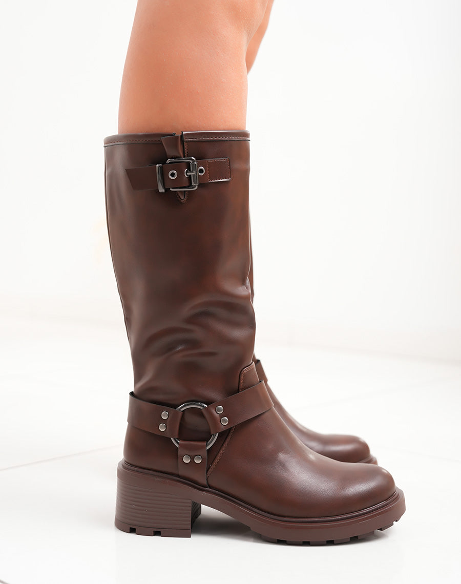 Bottes marron à boucles anthracite et petit talon
