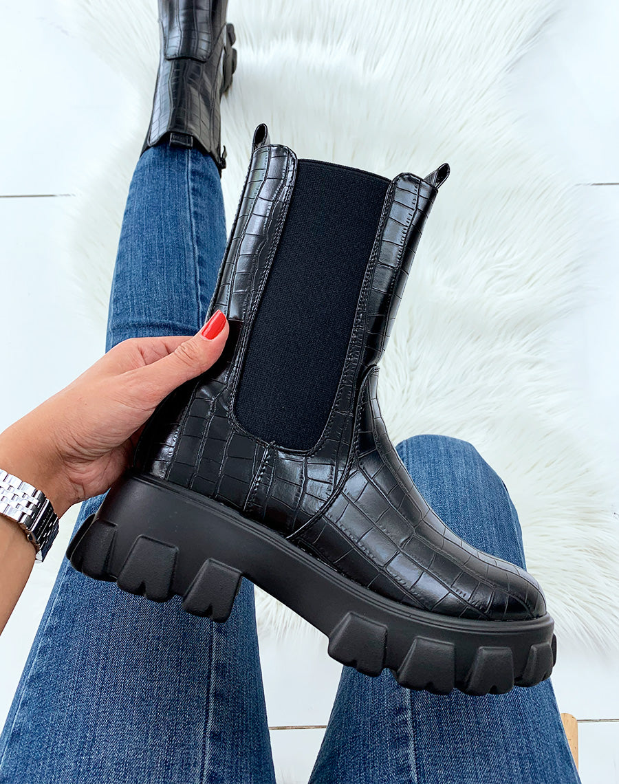 Bottes mi-mollet noires effet croco avec semelle épaisse