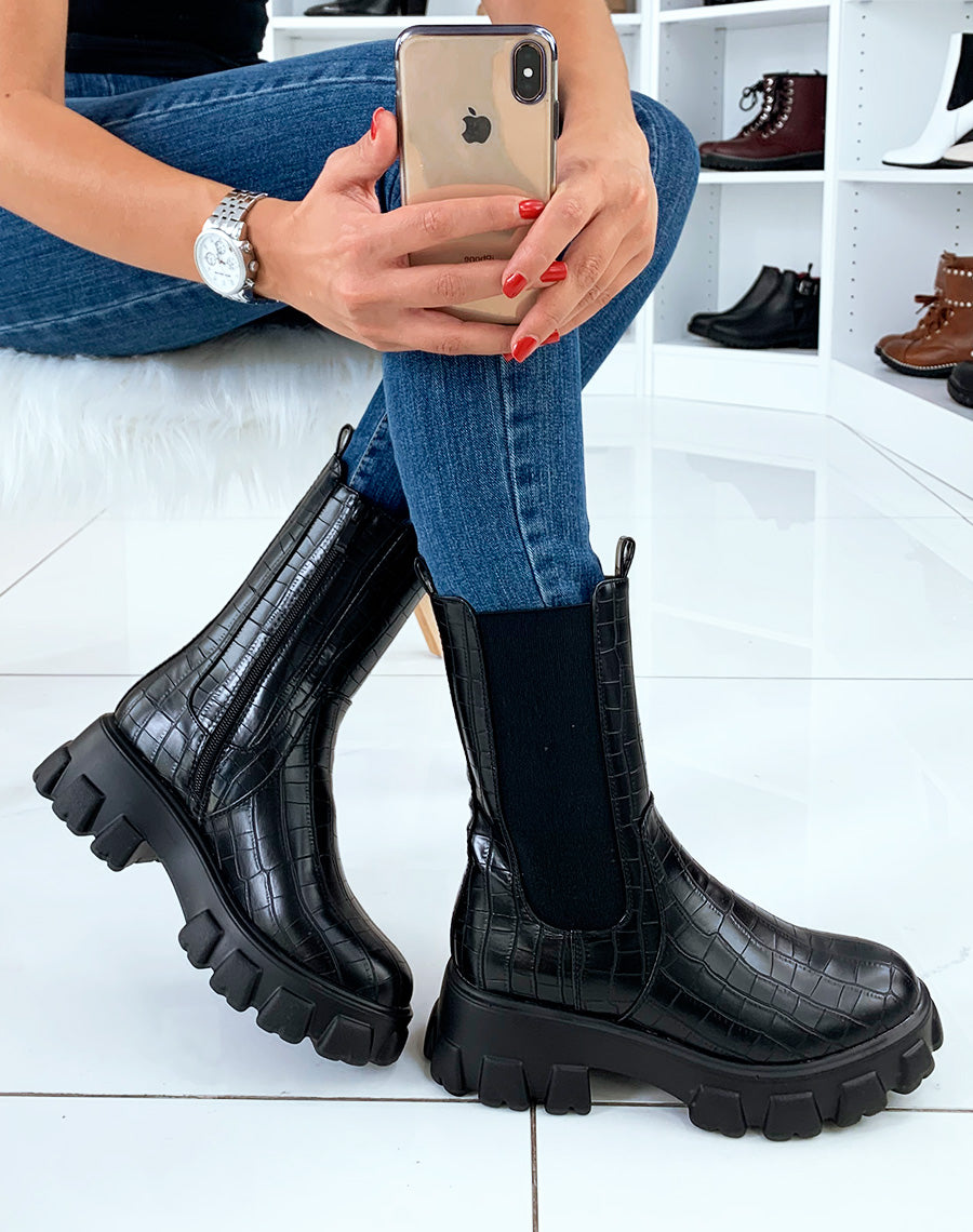 Bottes mi-mollet noires effet croco avec semelle épaisse