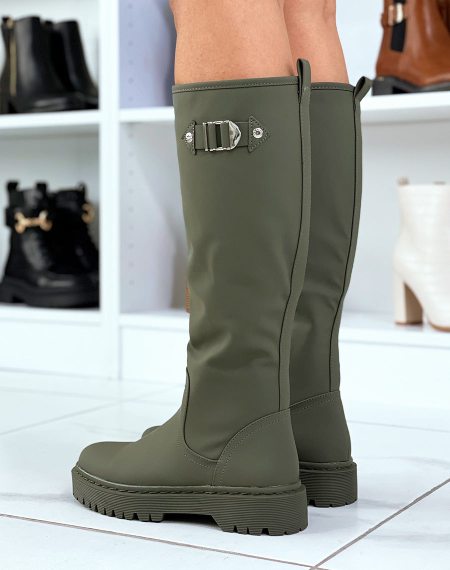 Bottes montantes Kaki à semelles plates à détails argentés