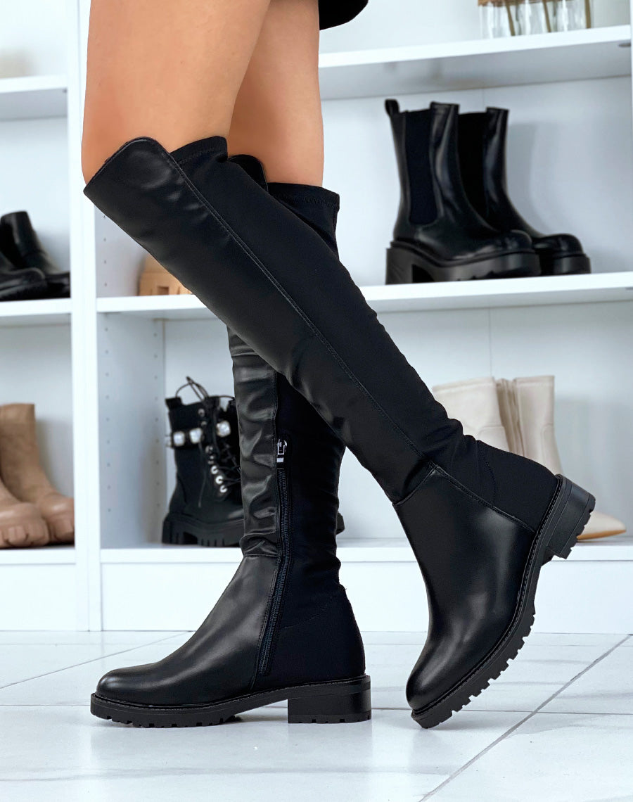 Bottes noires bi-matière effet tissus à fine semelle