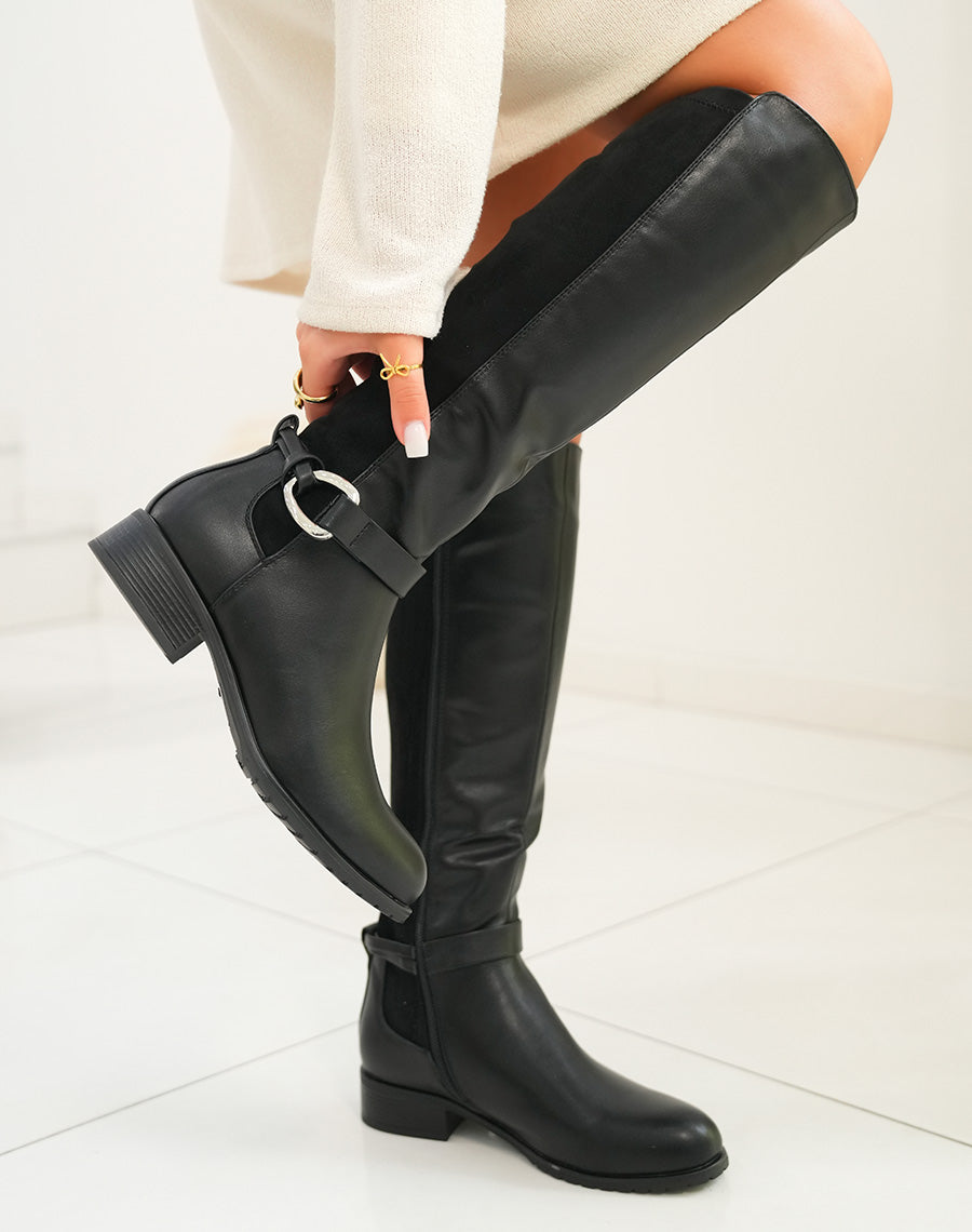 Bottes noires bi-matière à lanière à détail argenté