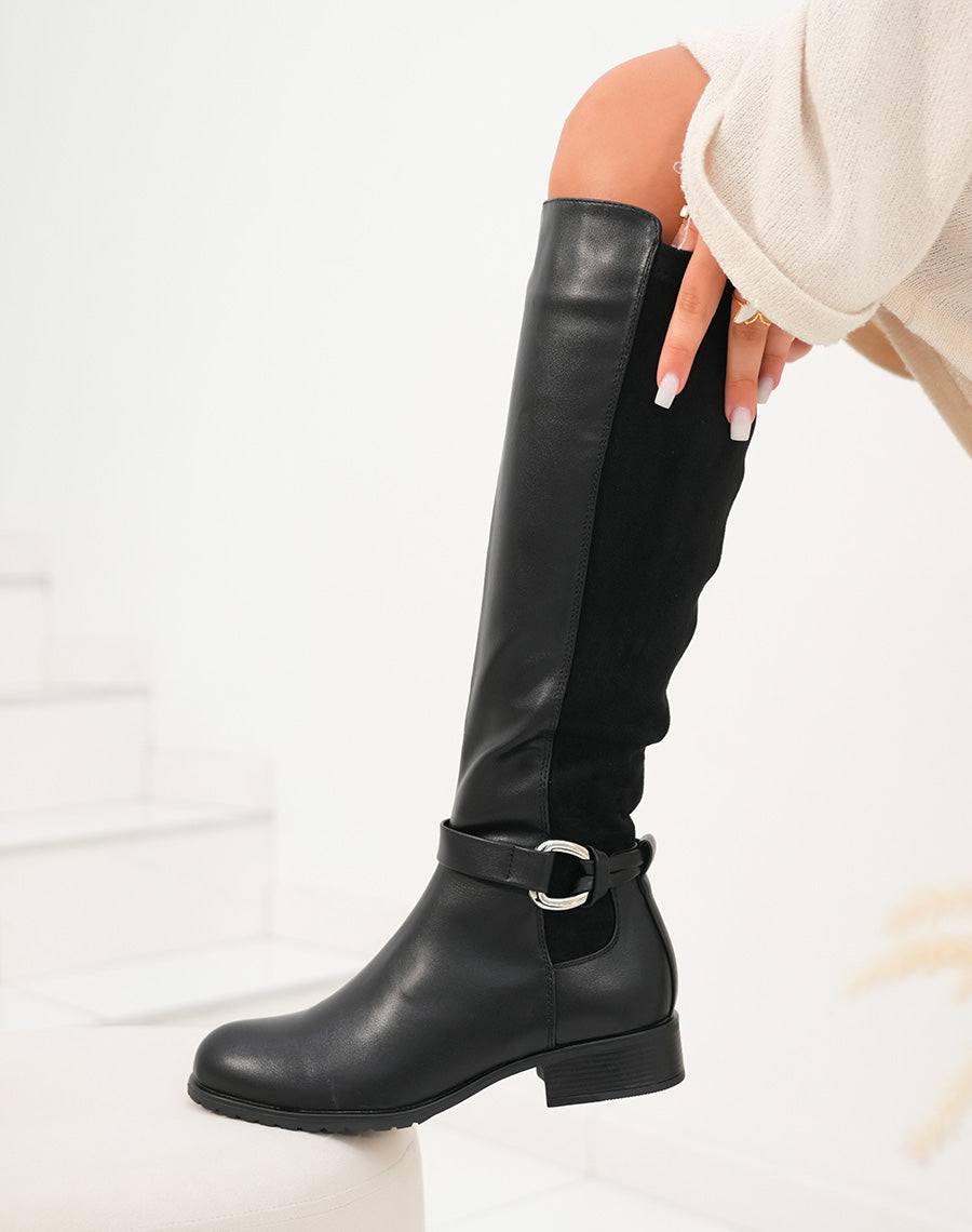 Bottes noires bi-matière à lanière à détail argenté