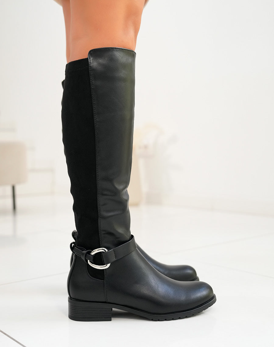Bottes noires bi-matière à lanière à détail argenté