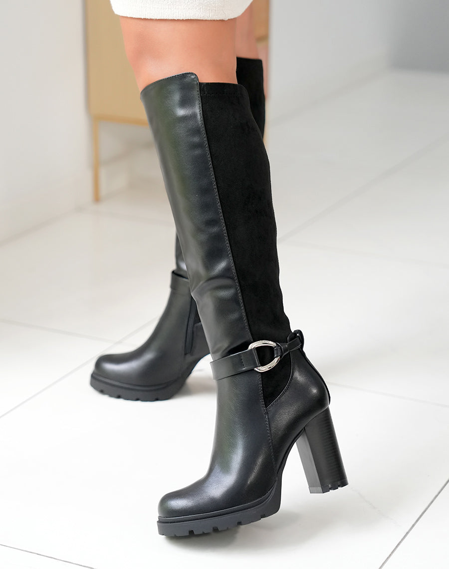 Bottes noires bi-matière à lanière à détail argenté à talon