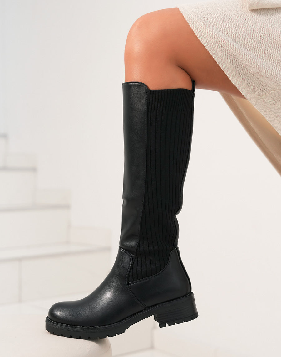 Bottes noires bi-matières effet chaussette en tissu
