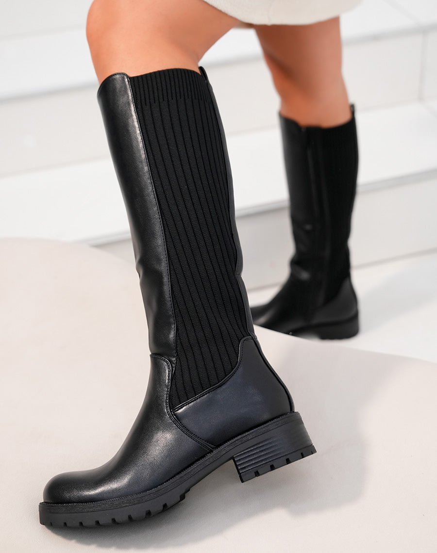 Bottes noires bi-matières effet chaussette en tissu