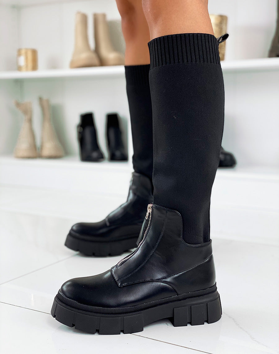 Bottes noires bi-matières effet chaussette zipées à semelle crantée