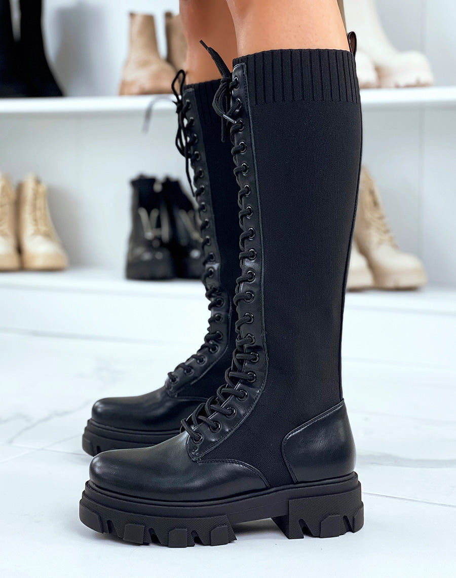 Bottes noires bi-matières lacées à semelle crantée