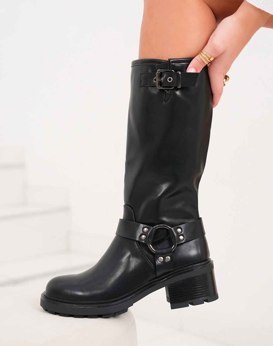 Bottes noires à boucles anthracite et petit talon