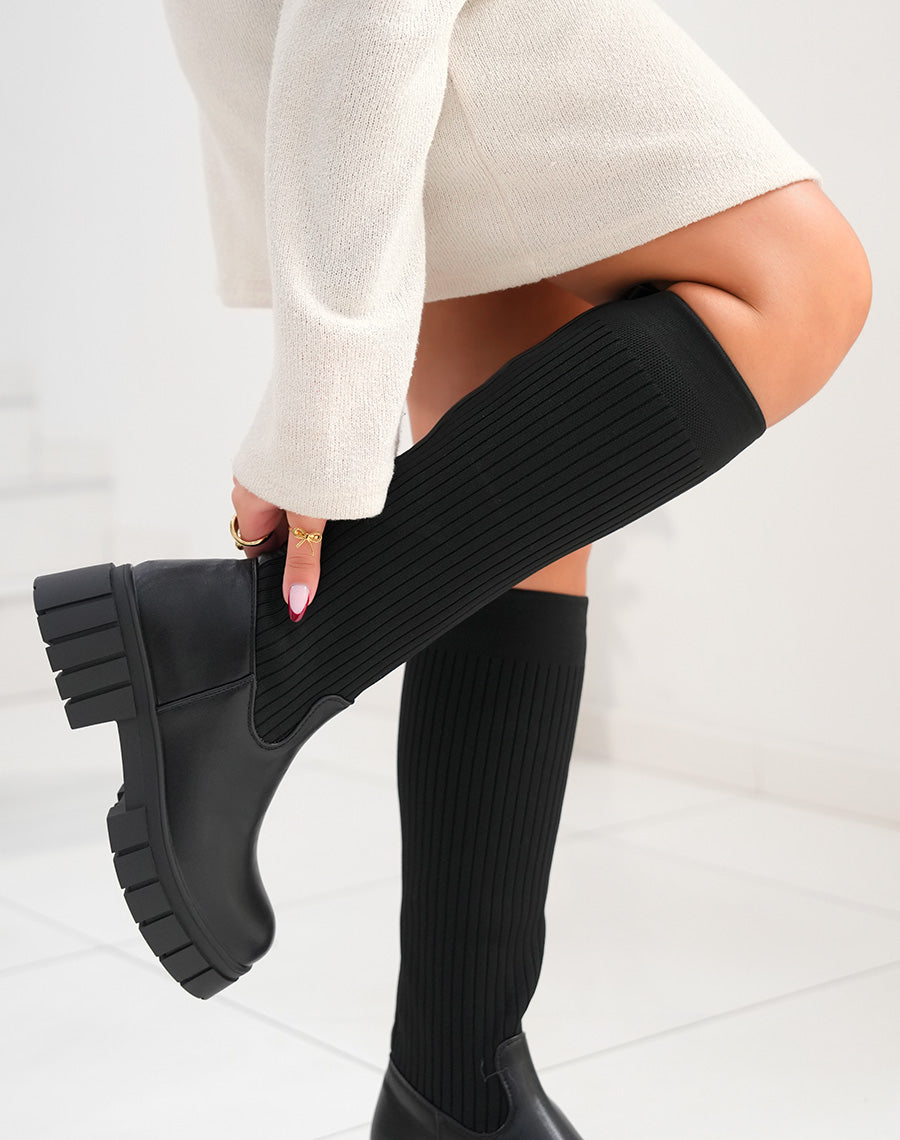 Bottes noires chaussette à plateforme crantée