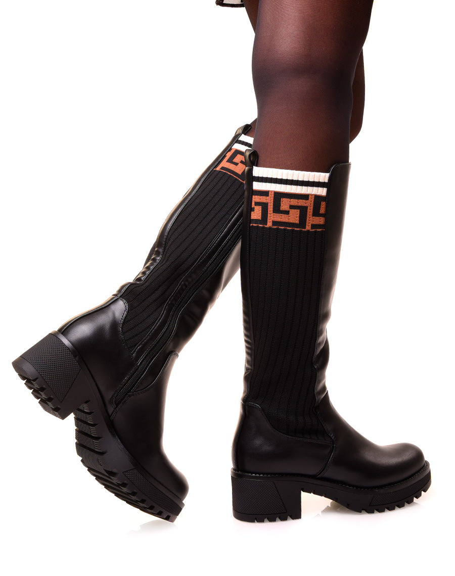 Bottes noires à empiècement tissus