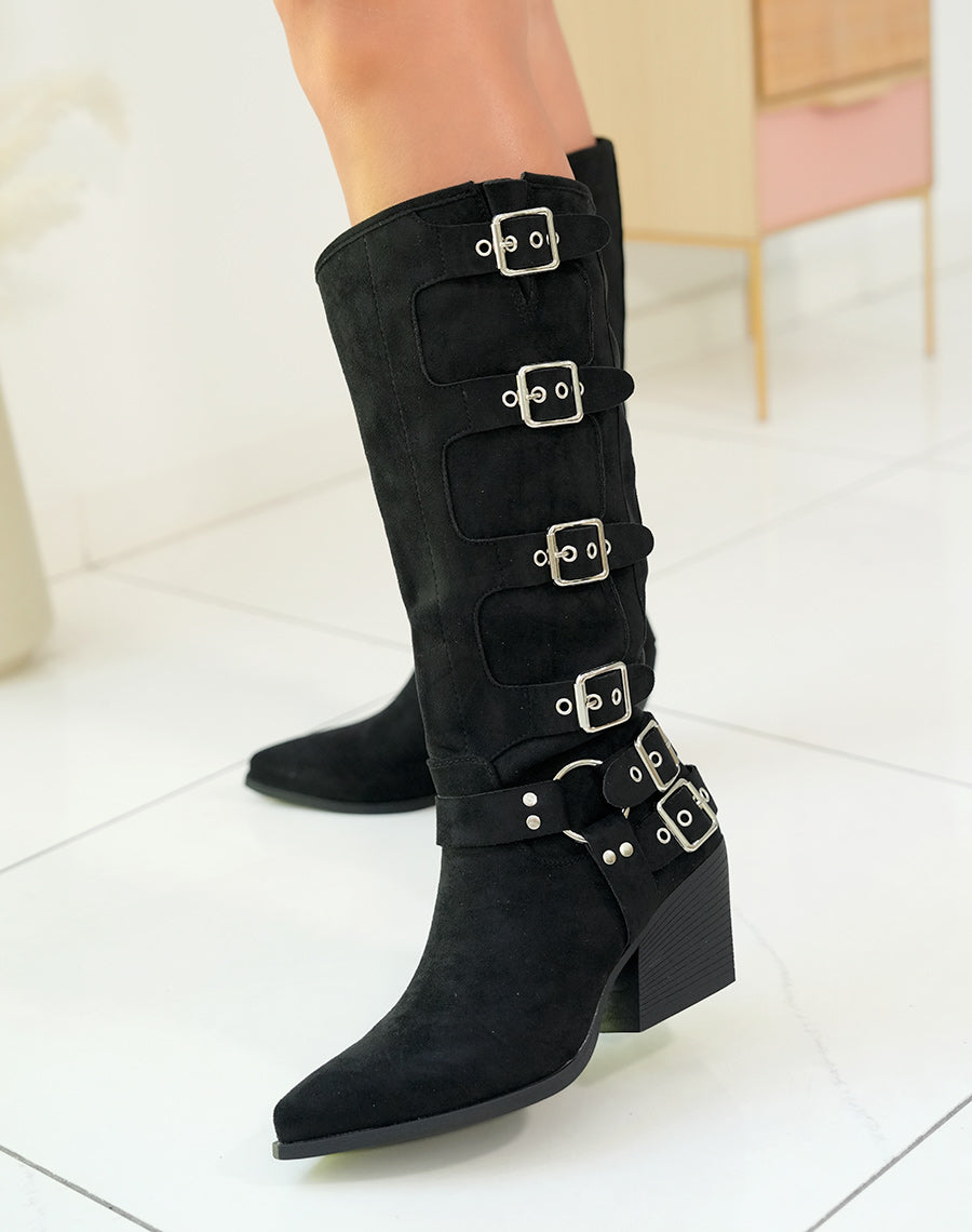 Bottes noires en suédine style cow-boy et à multiples lanières