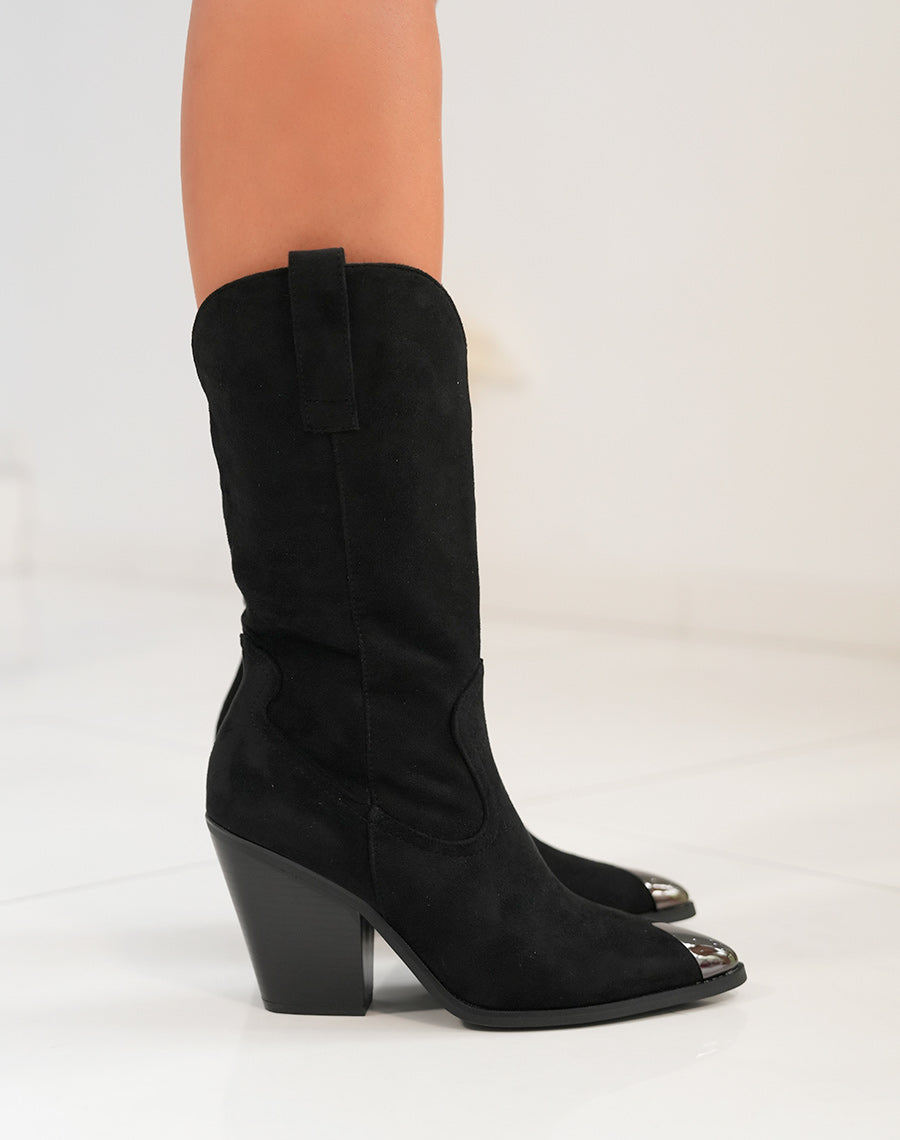 Bottes noires en suédine à talon style santiags pour femmes