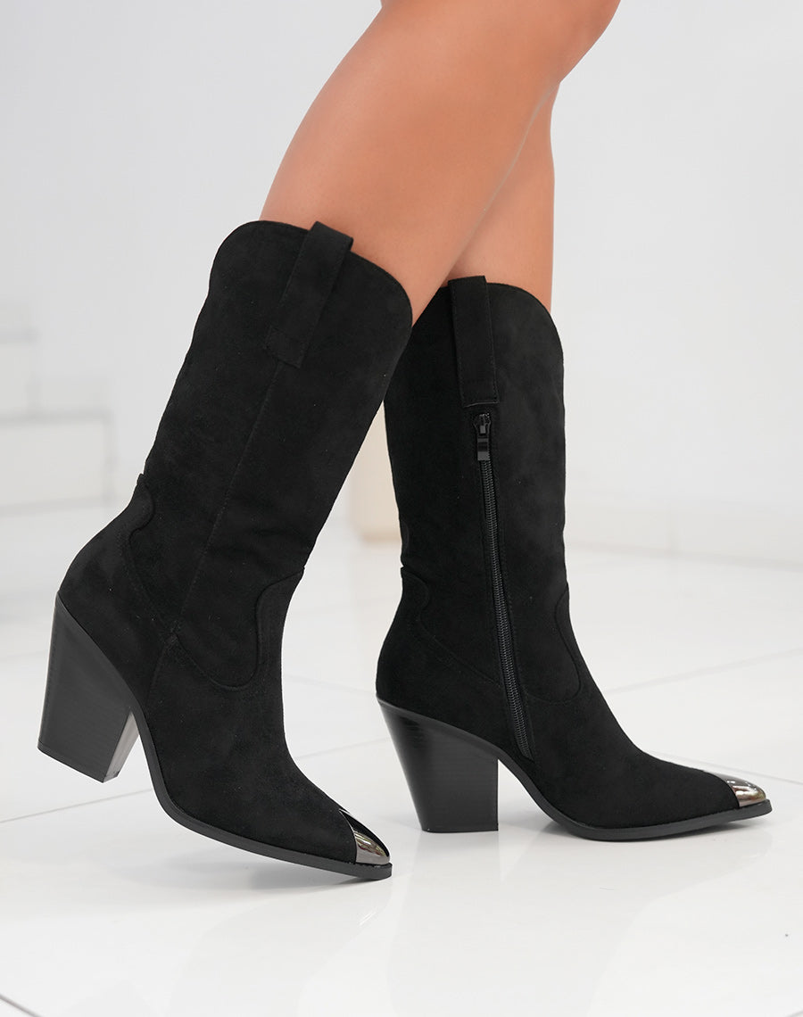 Bottes noires en suédine à talon style santiags pour femmes